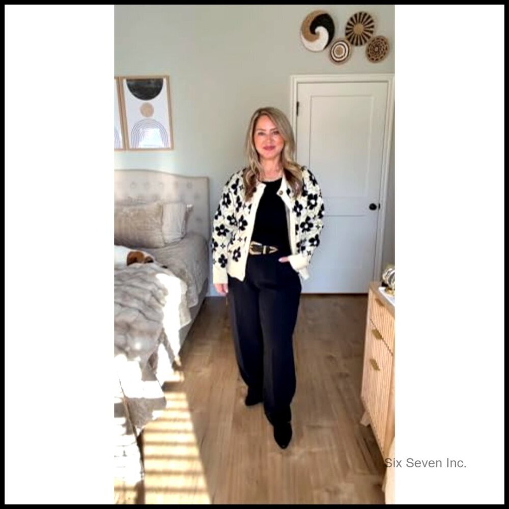Floral Cardigan Sweater Long Sleeve Open Front Button Down Retro Knit Coat - Picture 3 of 7